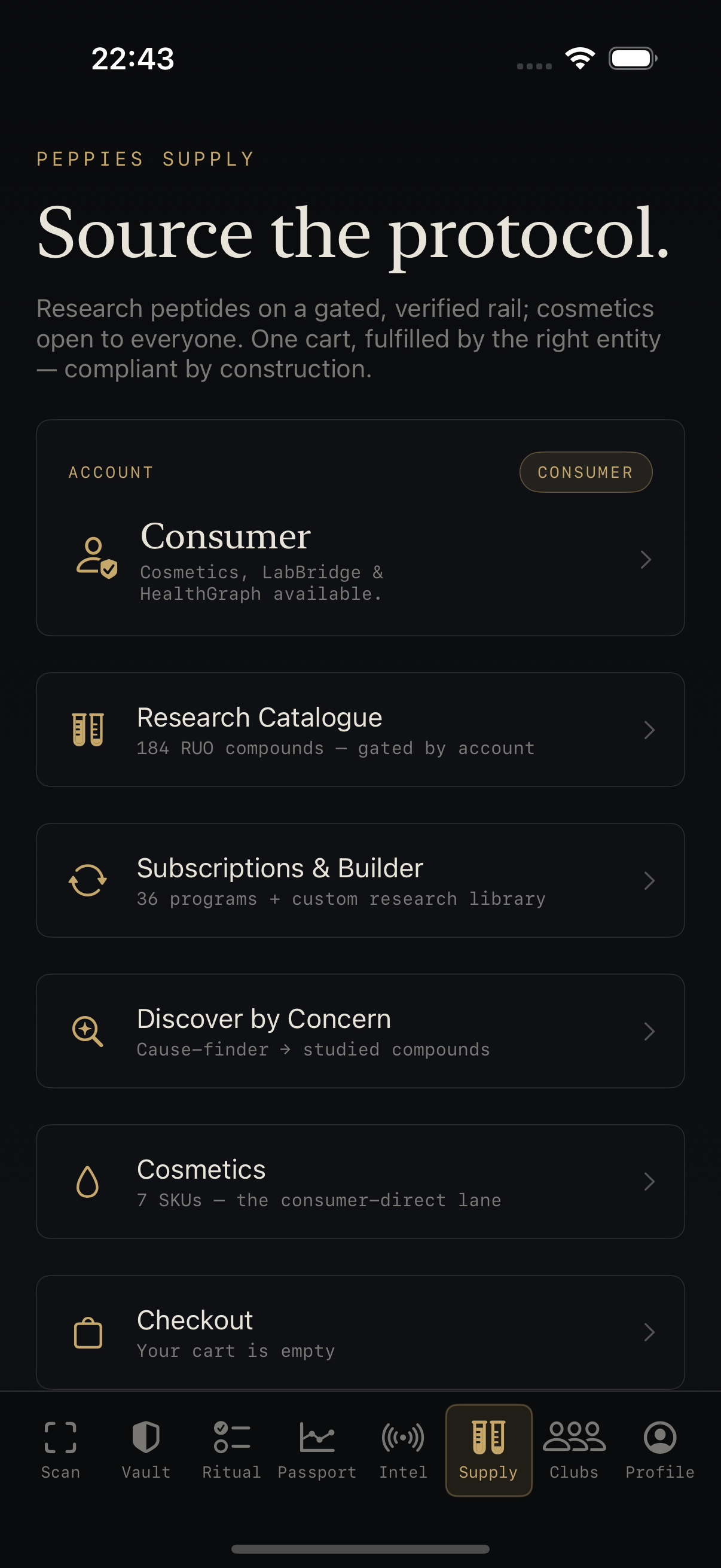 Actual Peppies iOS app capture showing Supply and navigation