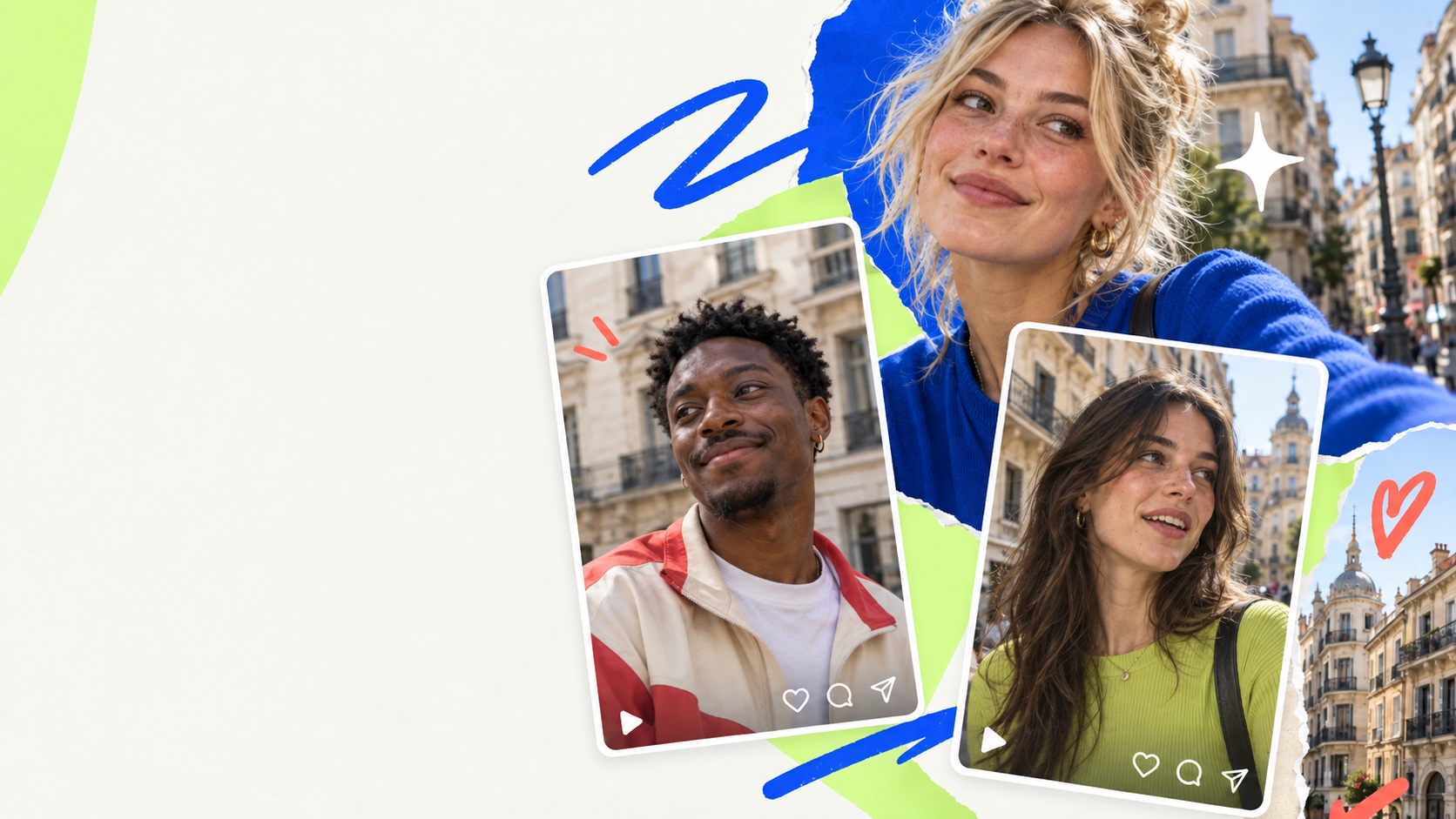 Editorial collage of candid creator portraits and colourful social-content cards