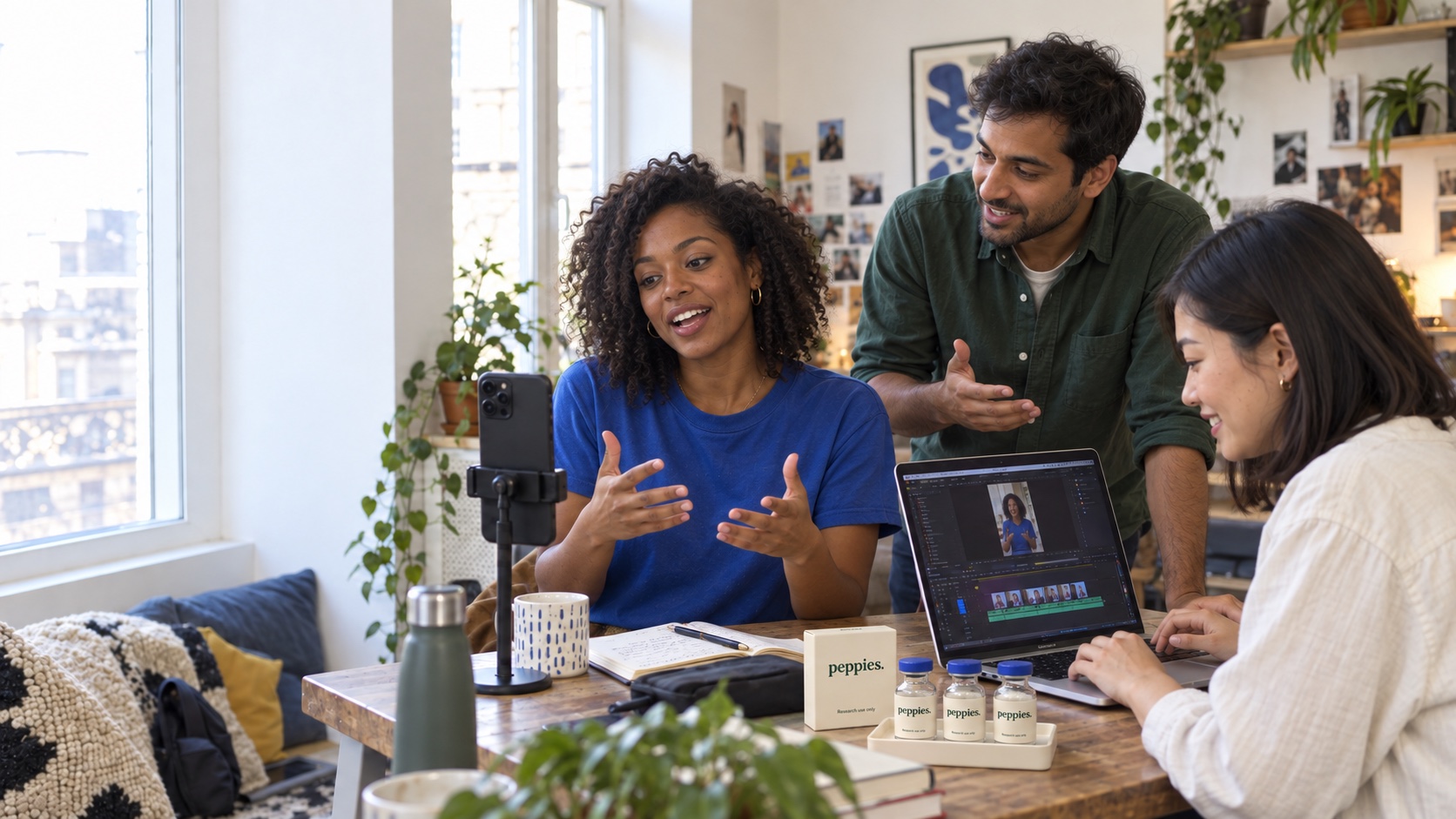 Illustrative creator campaign: people recording and editing social content together