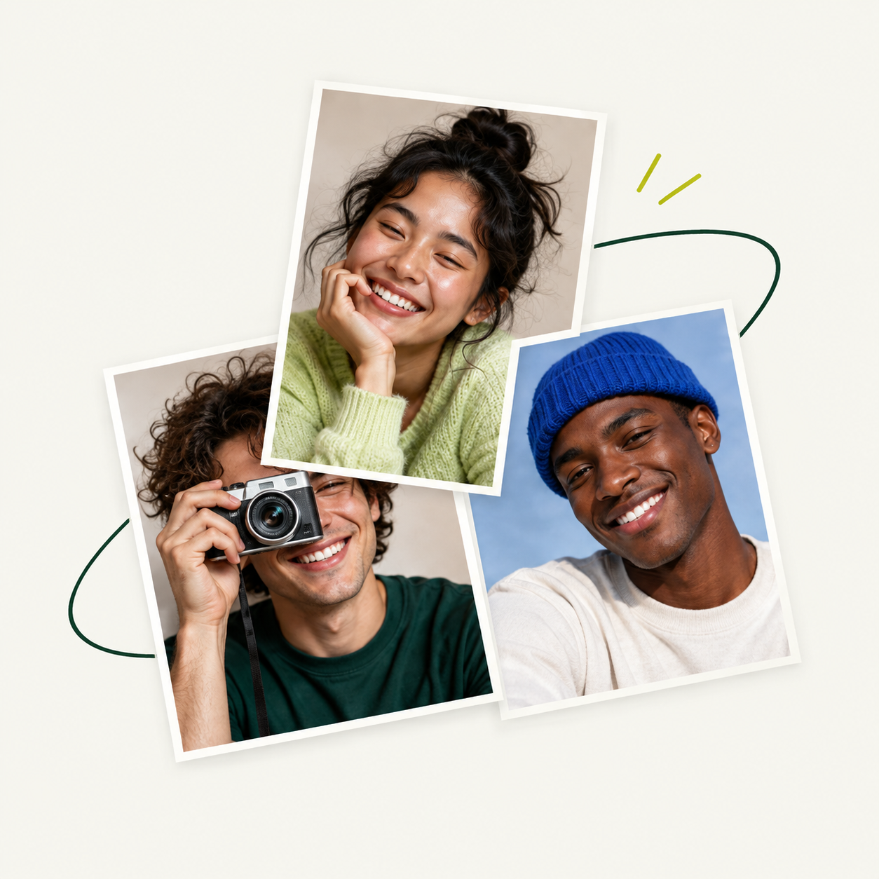 A collage of three creators with a camera and portrait cards