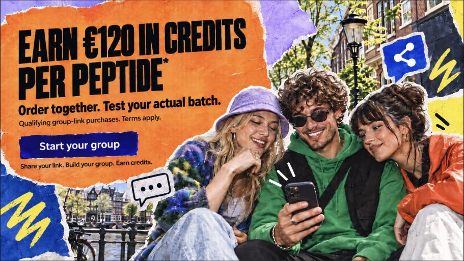 Youthful street collage of friends sharing a phone. Earn €120 in credits per peptide. Order together. Test your actual batch. Qualifying group-link purchases; terms apply.